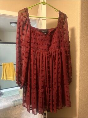 Crystal Doll Burgundy Long Sleeve Textured Smocked Dress